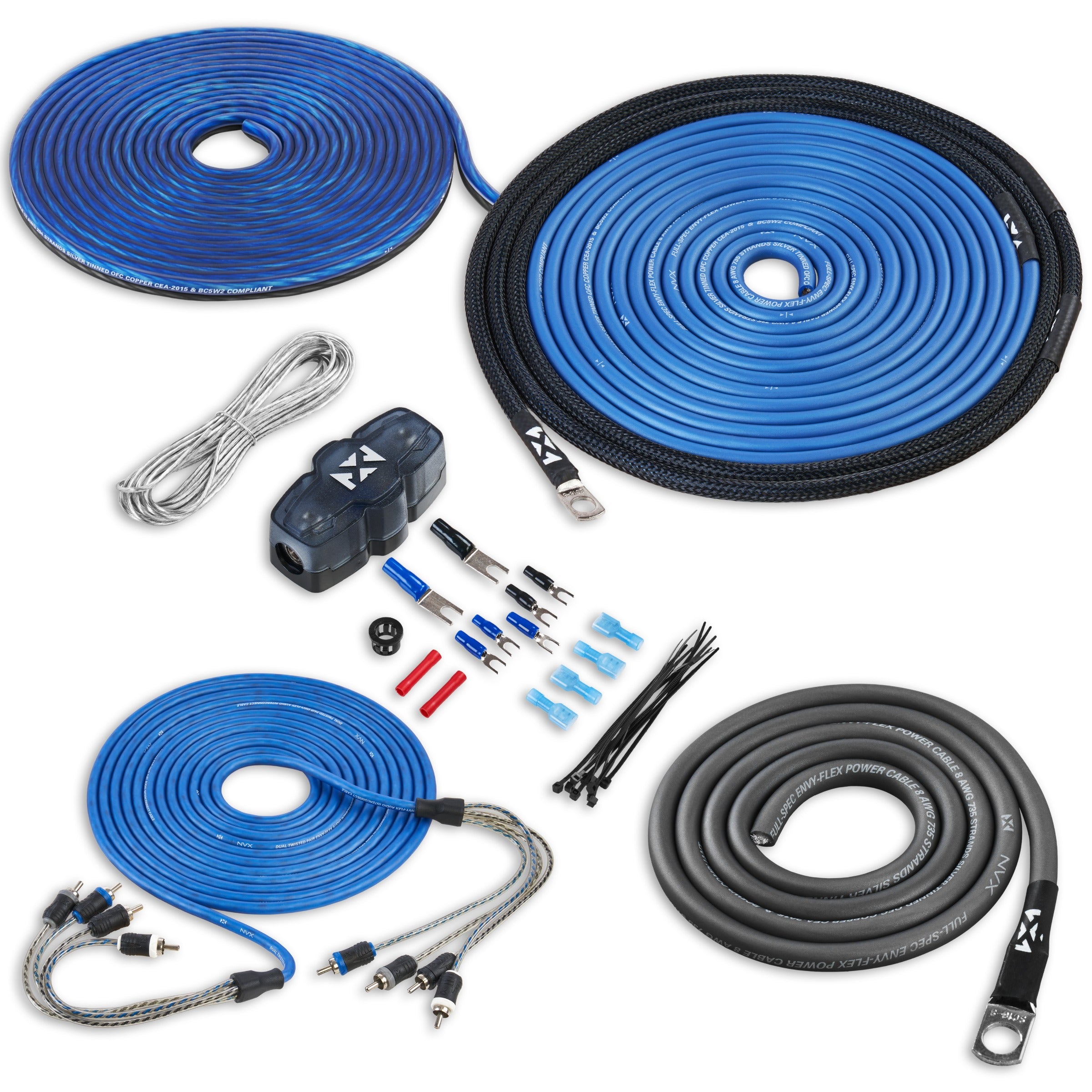 NVX 100% Copper 4-Channel True Spec 8 Gauge Amplifier Installation Kit 
w/ RCA Interconnect and 65 ft Speaker Cable