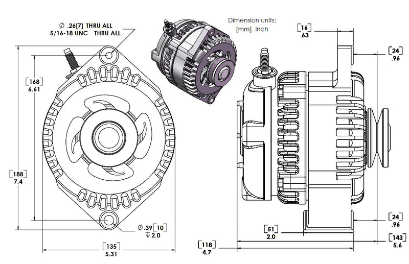 Marine 170 amp high output alternator for Ski / Wake Board Boats with 12SI 6.61 inch bolt pattern - V-Belt Pulley