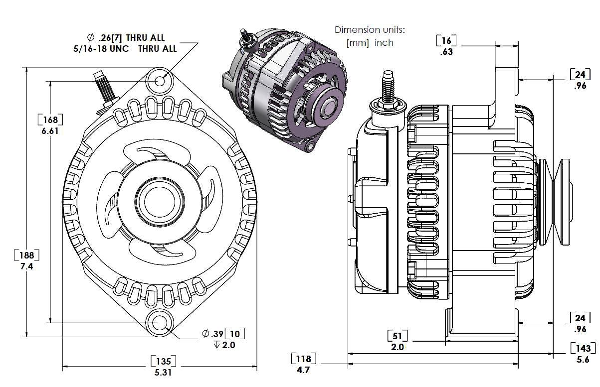 Marine 170 amp high output alternator for Ski / Wake Board Boats with 12SI 6.61 inch bolt pattern 6-Grove Serpentine Pulley